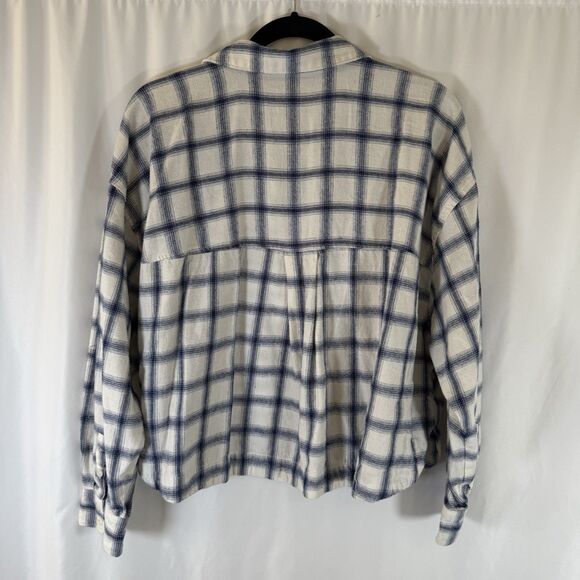 Madewell Flannel Shirt Women's 1X White Blue Plaid Button Up Long Sleeve Cropped - Picture 8 of 10